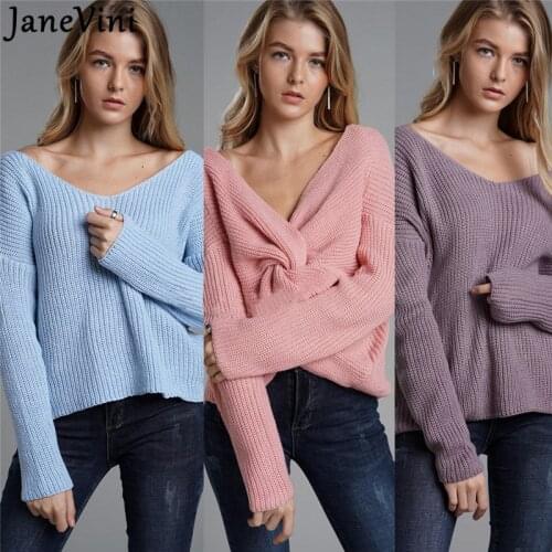 JaneVini Chic Ladies V-Neck Sweaters for Women Fashion Winter Designer Long Sleeve Knitted Pullovers Jumpers Criss-Cross Sweater