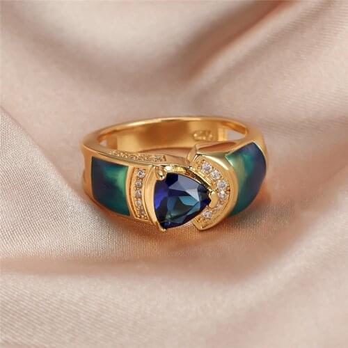 Luxury Female Blue Triangle Crystal Jewelry Charm Gold Color Wedding Rings For Women Vintage Bridal Geometric Engagement Ring