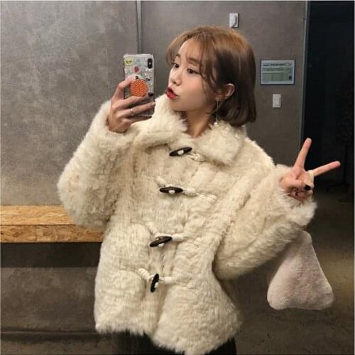 Fashion Winter Womens Faux Lamb Fur Beige White Coat Warm Thick Sweet Outwear Lapel Horn Buttons J77