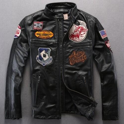 Avirex fly mens genuine leather jacket black sheepskin flight jacket with badge yellow real skin slim fashion wind jacket men