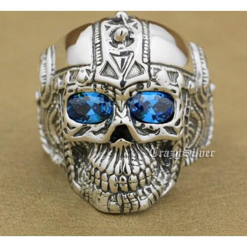 925 Sterling Silver Blue CZ Eyes Gothic Tattoo Skull Mens Biker Rocker Punk Ring 9G105 US Size 7~15