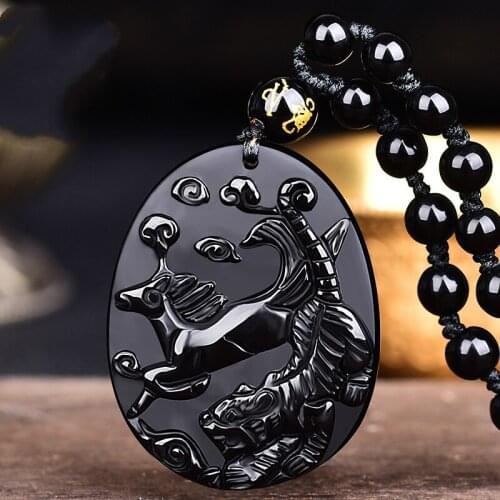 Natural Black Obsidian Bead Necklace Hand-Carved Zodiac Horse Jade Pendant Fashion Jewelry for Man Women Auspicious Amulet Gifts