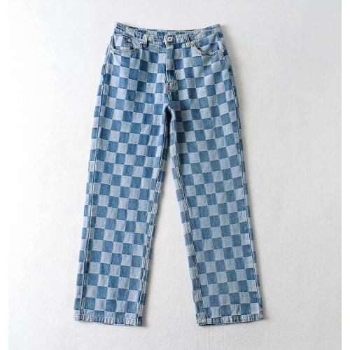 Autumn New Retro Slim Checkerboard Jacquard Denim High Waist Straight Denim Mop Trousers DLZK522