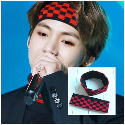 Kpop Kim Tae Hyung Fashion Headband Elastic Hair Bands Soft Men Women Red-black Plaid Hairband Bangtan boys V Headwrap