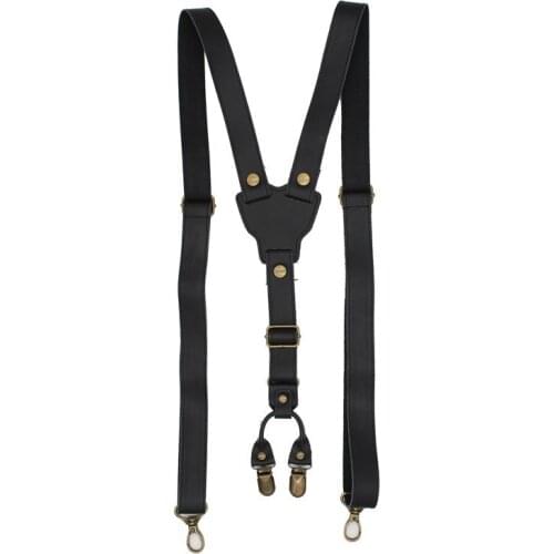 2.5cm real retro cowhide black leather strap Women men suspenders belt adjustable bronze buckle braces groom Y-Shaped shirt