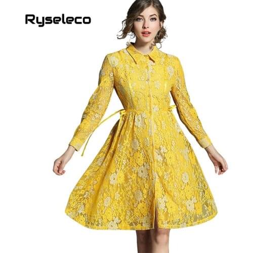 Ryseleco Autumn Long Sleeve A-Line Prairie Chic Floral Lace Dress Turn-Down Collar Fashion Hollow Out Midi Swing Party Dresses