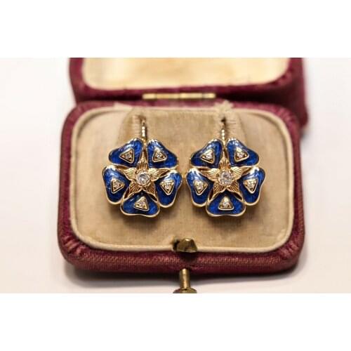 VICTORIAN STYLE 14K GOLD RUSSIAN STYLE NEW MADE ENAMEL NATURAL DIAMOND EARRING