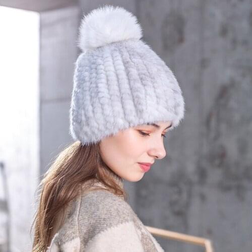 Wucifo Hot Sale Fashion mink fox hat Winter Warm Women Knitting Caps Mink hats Vertical weaving with FOX Fur On The Top