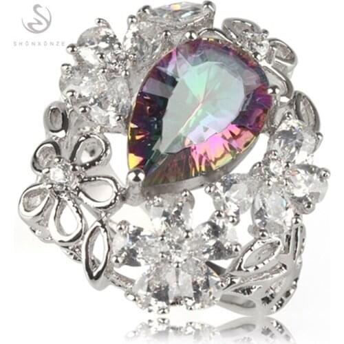 SHUNXUNZE big vintage rings jewelry for women Rainbow Mystic stone and White Cubic Zirconia Punk Rhodium Plated R3301 size 6 7 8