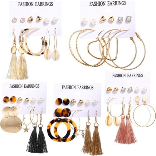 Vintage Long Tassel Leopard Acrylic Drop Earrings Set Women Bohemian Gold Metal Star Pearl Leaf Dangle Earring Jewelry NEW