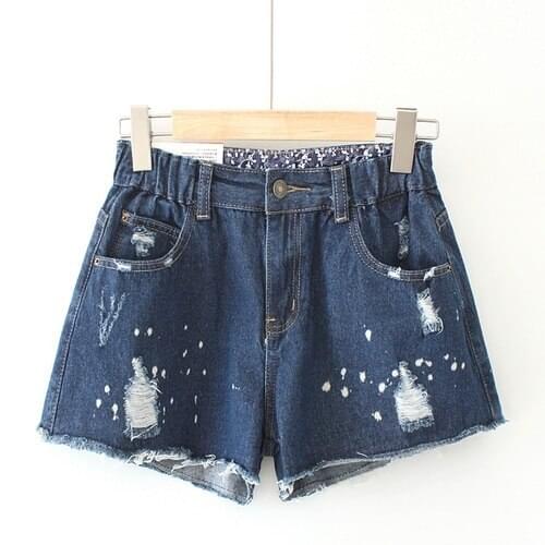 Plus Size L-5XL Womens Denim Shorts Elastic Waist Blue Summer Shorts with Holes