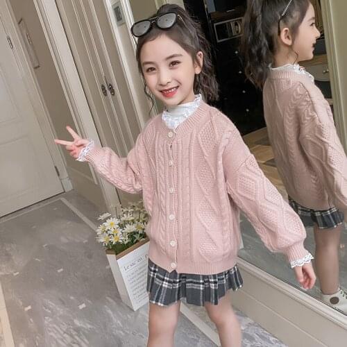 Girls Pink Beige Lace Decoration Sweater Cardigan 6-12 Years Old Girls Sweater Twist Knit Jacket Round Neck Single-breasted Top