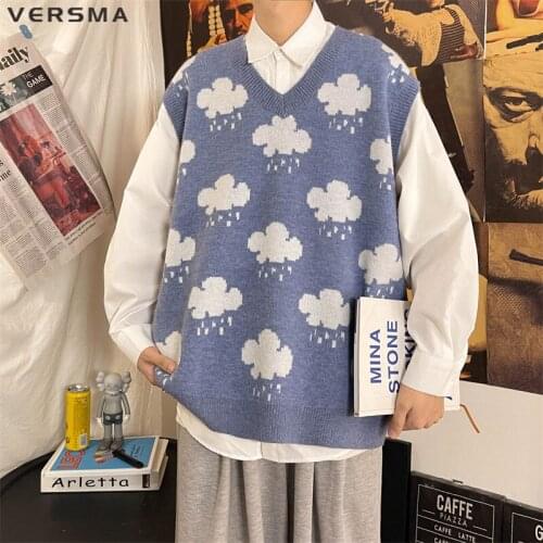 VERSMA Korean Vintage Blue Cloud V-neck Oversize Vest Men Autumn Knitted College Style Sweater Vest Waistcoat Women Dropshipping