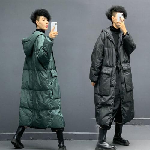 In 2020 winter the pure color joker loose long hooded stitching down jacket dress female temperament show thin