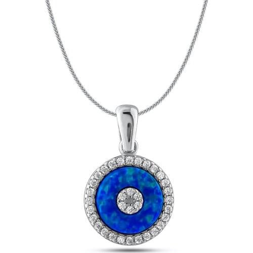 Women Silver Round Necklace Stonework Necklace Blue Silver Pendant Solid 925 Sterling Silver
