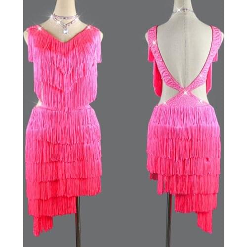 Latin Dance Dress Women Competition costumes Salsa Dress Pink Fringe Dress Dance Wear Cusromized Size/Colors Latin Dress BL2170