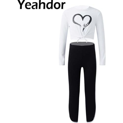 2Pcs Kids Girls Casual Sports Suit Round Neck Long Sleeves Cartoon Heart Print Top and Pants Set Child Dance Outfit Casual Suits