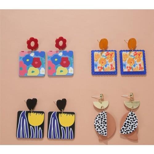 AOMU 2021 Summer Hollow Acrylic Flower Pattern Geometric Irregular Square Drop Earrings for Women Fashion Party Jewelry Gift
