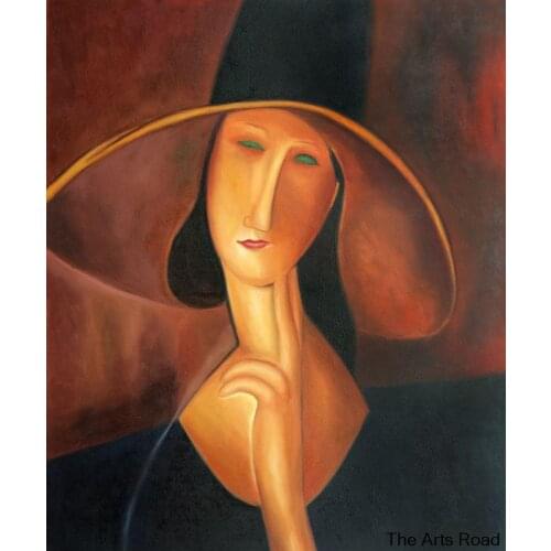 Frameless Female Painting Abstract Portrait of Woman in Hat by Amedeo Modigliani Canvas Art Hand Painted
