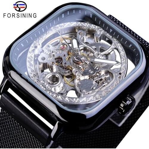 Forsining Black Square Automatic Mechanical Watch Male Business Steampunk Gear Mesh Steel Strap Sports Watches Relogio Masculino