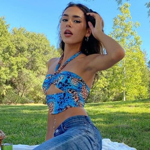 Hipster Fashion Camouflage Hollow Out Bandage Cropped Tops Punk Style Halter Backless Tank Tops Vintage Rave E-girl Outfits