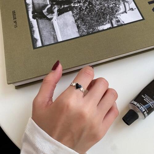 Retro Vintage Authentic S925 Sterling Silver Jewelry Black enamel Love Heart rings Adjust Gift TLJ1544