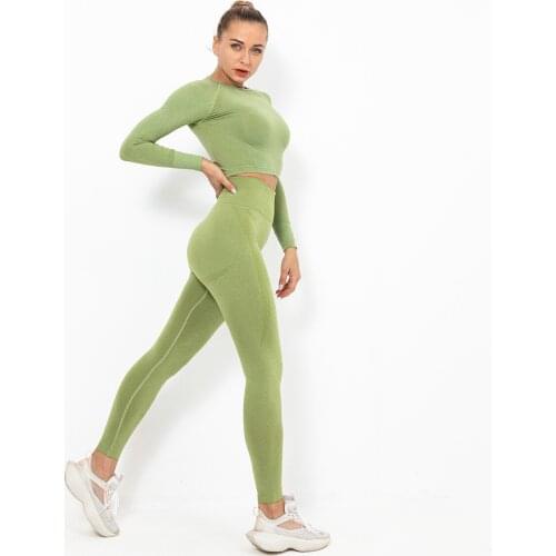 Two Piece Set Long Sleeve Gym Crop Top+Yoga Pants Stretchy High Waist Outdoor Sportswear Gym Clothing Running Yoga Set Leggings