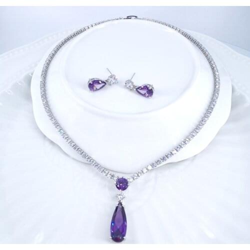 2020NEW fashion retro purple water drop CZ zircon necklace earring set wedding bride banquet dressing jewelry set free shipping