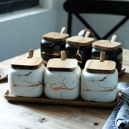 Kitchen Storage Container Kitchen Canister Sets Nordic Matt Marbled Ceramic Seasoning Jar Household Salt Shaker Seasoning Box