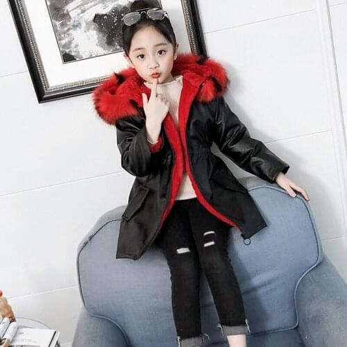 High quality jacket for girl PU Leather Patchwork Fox Faux Fur Collar Jacket Coat Winter Thicken teen Outerwear 6 8 10 12 Years