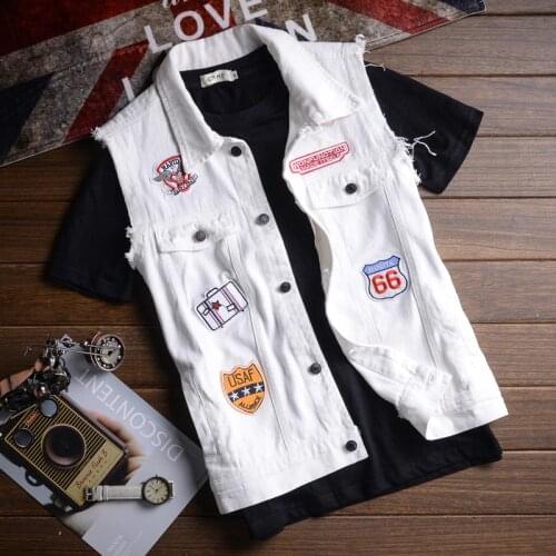 Summer 2020 Fashion Casual Embroidery patch mens denim vest Korean sleeveless slim white sticker ticket denim vest clothes