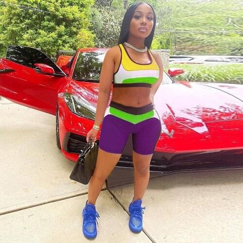 Moto Biker Fitness Two Piece Short Set Womens Clothing Sleeveless Workout Tank Top and Bodycon Shorts Loungewear Sport Suits