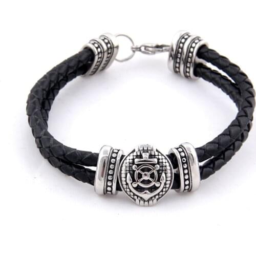 Yage Double Braided Leather Rudder & Anchor Charms Bracelet 316L Stainless Steel Bead Trendy Bracelet & Bangles Men Jewelry