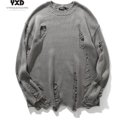 Men Streetwear Hole Ripped Knit Sweater Hip Hop Pullovers Jumper Fashion All-match Mens Winter koreanClothes Couples wear tops