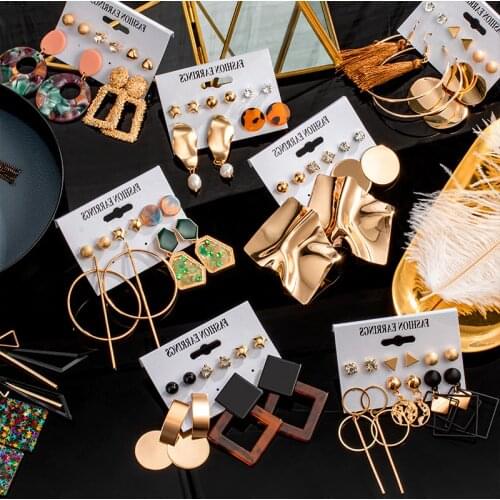 5 Pairs/Set Womens Earrings Set Stud Earrings For Women Bohemian Fashion Jewelry Geometric Crystal Acrylic Heart Earrings 2020