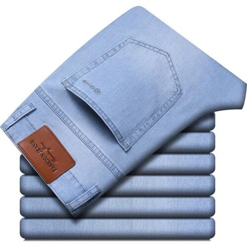 2021 Spring Summer New Mens Washed Light Blue Thin Jeans Classic Style Fashion Stretch Slim-fit Denim Trousers Male Brand Pants