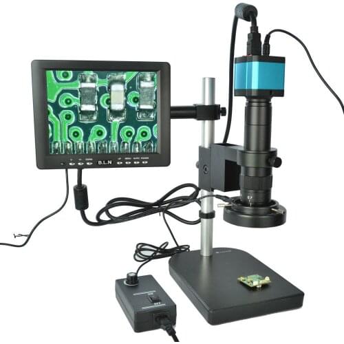 Full Set 14MP USB HDMI Electron Video Microscope Kit Industrial Microscope Camera with Stand Mount 180X C-mount Lens Screen Lamp