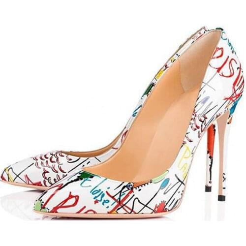 Fashion Single Shoes Pointed Graffiti Thin High Heel Ladies Shoe Patent Leather Shallow Brand Women Shoe Pumps Stiletto Sandals