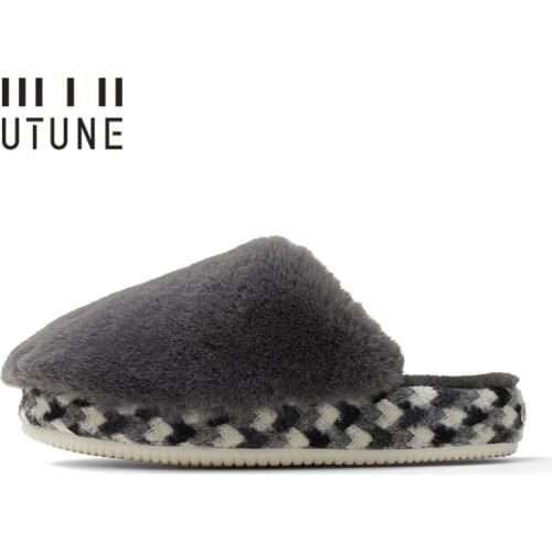 UTUNE Luxury Mens Winter House Slippers Warm Soft Fluffy Platform Women Shoes Plush Mute Flats Autumn Fashion House Shoes 2021