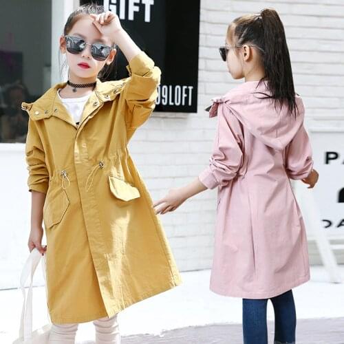Girl Spring Outerwear 5-12Y Solid Color Hooded Jacket Casual Coats Fashion Clothes For Children Kids Trench Clothing Overcoat