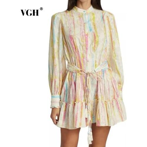 VGH Printed Colorful Dress For Women Stand Collar Long Sleeve High Waist Lace Up Bowknot Mini Dresses Female Fashion New Clothes