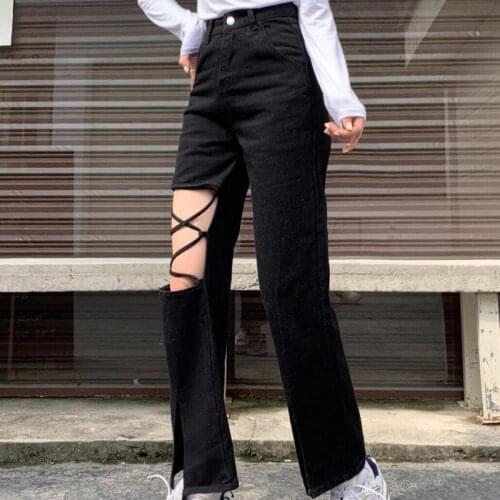 Shnsophi Vintage High Waist Black Jeans Trousers Women Autumn Y2k Leg Hollow Out Split Bandage Pants Korean Flare Denim Jeans