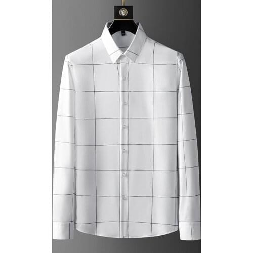 High Quality Plaid Shirt Men Black White Business Casual Formal Dress Shirts Slim Fit Long Sleeve Social Party Tuxedo Blouse