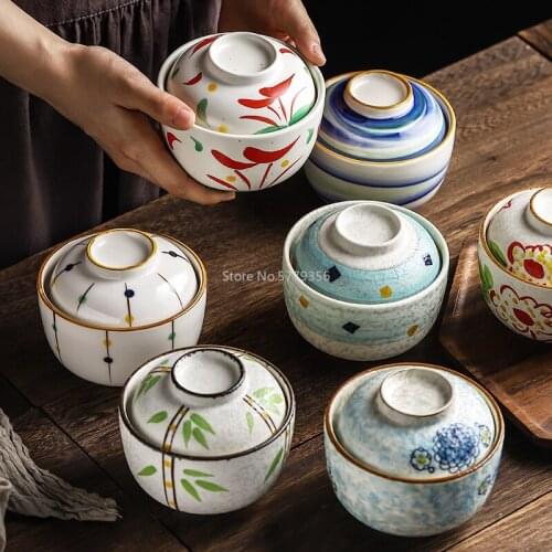 Japanese Art Ceramic Soup Cup with Lid Household Soup Noodle Bowl Steamed Egg Cup Kitchen Supplies Ramen Dessert Bowl Tableware