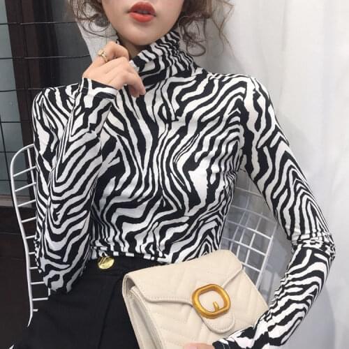 Woman Tshirts Zebra Print Long-Sleeved T-shirt Womens Turtleneck Autumn Top Tops Mujer Camisetas
