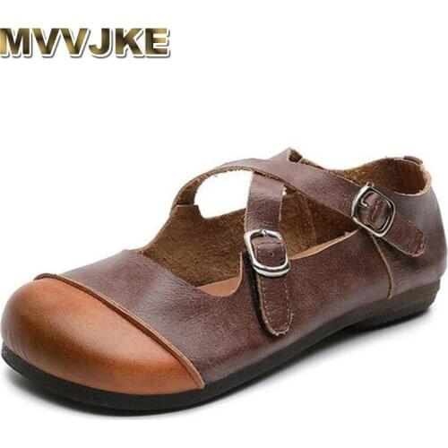 MVVJKE100% Natural Full Real Leather Shoes Woman Flat Shoes 2021 New Spell Colors Retro Comfort Soft Fashion Casual Shoes Women