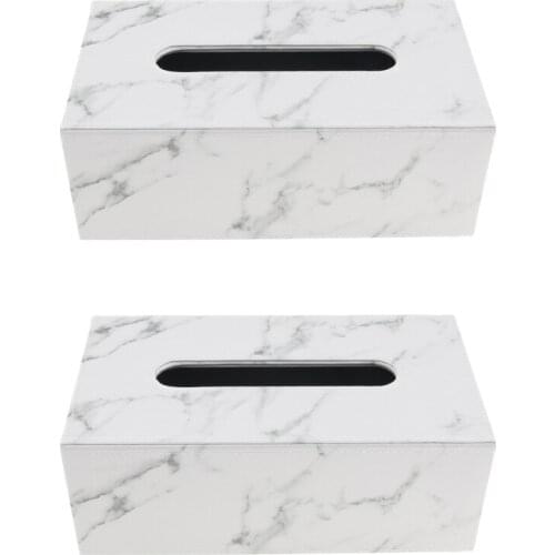 2Pcs Luxury PU Leather Rectangular Tissue Box Holders Cover Case Tray Pumping for Home Office Car - White Marble