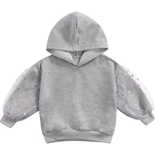 2021 Little Girls Fashion Solid Color Sweatshirt Casual Sequin Mesh Yarn Long Sleeve Pullover Hooded Sweater