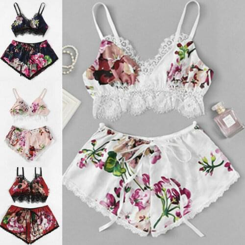 4 Colors Newest Arrivals Women Sexy Female Lace Underwear Bra and G-string Panties Lingerie Floral Vest Shorts Set