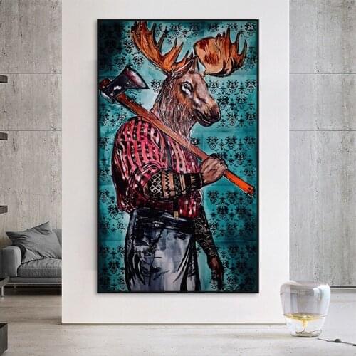 Abstract Animal Oil Painting Elk Man Carrying Axe Canvas Posters Cuadros Deer Man Print Wall Art Pictures For Living Room Decor
